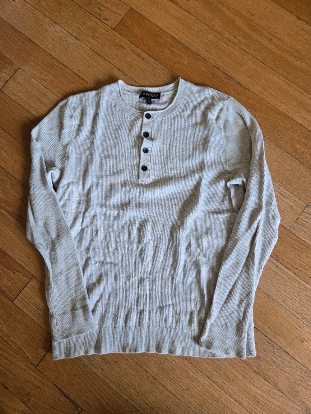 Mens Express Heather Gray Ribbed Knit Henley Shirt Long Sleeve Cotton Medium